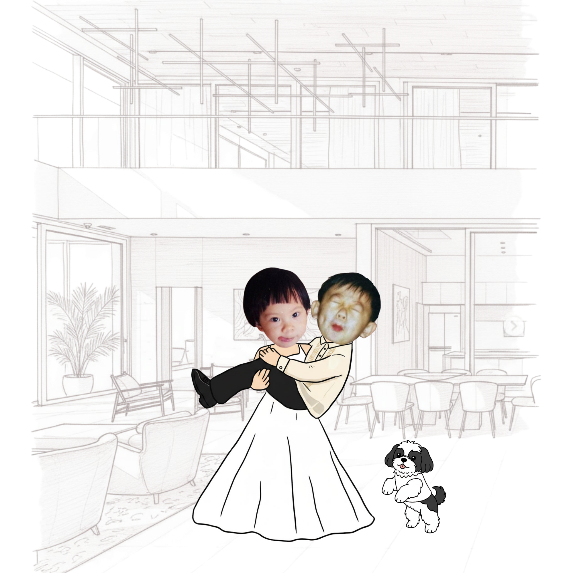 Illustration of Atom and Joanne in wedding attire