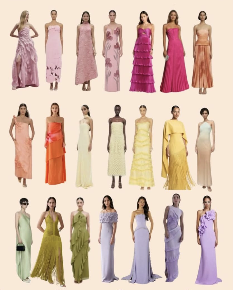 A collage of long gowns in pinks, oranges, yellows, greens and lilacs